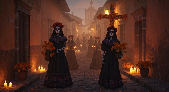 Day of the dead drawings. Procession of Figures in Costume with Candles and Flowers in Old Town - Powered by Adobe