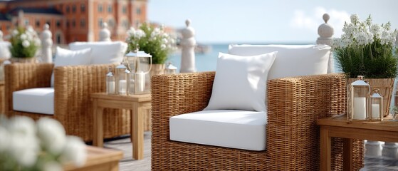 Obraz premium White flowers in wicker baskets and olive trees adorn a balcony while showcasing a stunning view of historical architecture and sea