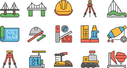 Civil Engineering Vector Icons Pack – 12 Modern Flat Illustrations of Building Design, Construction Equipment, and Infrastructure Planning Elements

