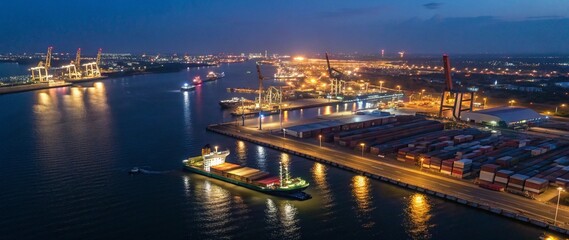 Fototapeta premium A photorealistic night panorama of a port city from above, with ships, containers, and glowing lights reflecting on the dark water. Industrial and cinematic mood.