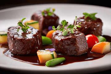 Elegant Burgundy boeuf Bourguignon with refined plating, gourmet French style