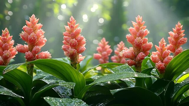 Beautiful pink costus barbatus flowers blooming in a lush green garden in the morning sun
