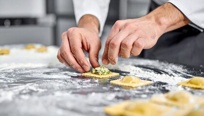 Chef making fresh ravioli in kitchen.