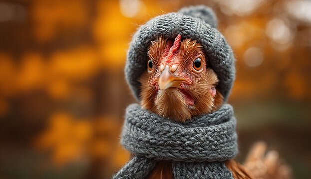 Stylish Chicken Wearing Hat and Scarf with Cozy Autumn Atmosphere and Blurred Background