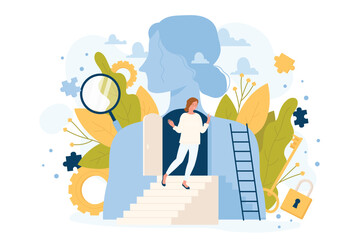 Obraz premium Freedom and mental health for development, progress in work and communication. Cartoon woman standing near open door inside abstract personality flat vector illustration. Psychology, success concept