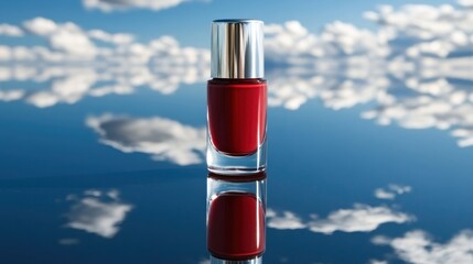 Red nail polish bottle on reflective surface, clouds reflected