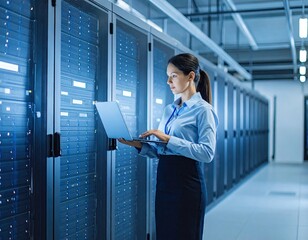 Businesswoman working on laptop in server room