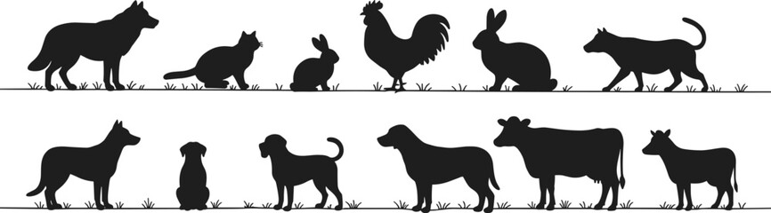 Collection of Domestic and Farm Animals Silhouettes Including Dogs, Cats, Rabbits, Rooster, and Cow Standing in Grass, Representing Diverse Wildlife and Livestock.