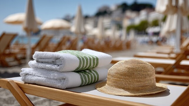 Green and white striped towel with a sun hat set against a lush beach club backdrop, inviting relaxation and enjoyment by the ocean