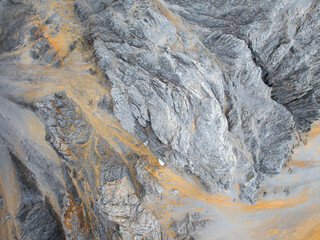 Beautiful aerial view of dolomite geological landscape in Baima Snow Mountain