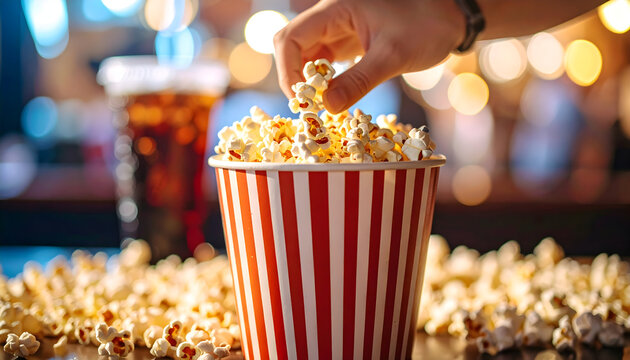 Freshly buttered popcorn overflows from a classic red and white striped bucket, a glass, and a box, ready for a cinema movie snack