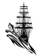 antique sail ship with sabre sword and pistol over sea wave - adventure voyage or pirate captain black and white vector design set