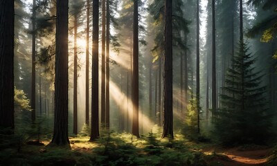 Fototapeta premium Sunlight Rays Through Pine Forest