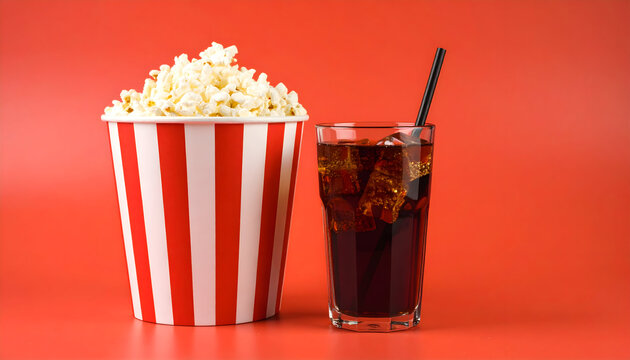 Red box of cinema popcorn and a glass of cola isolated on white