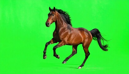 Brown horse in motion on green background