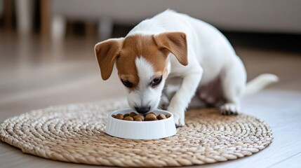 Small dog eating kibble from white bowl on woven mat