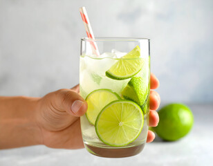 Refreshing mojito cocktail with lime, mint, and ice in a glass