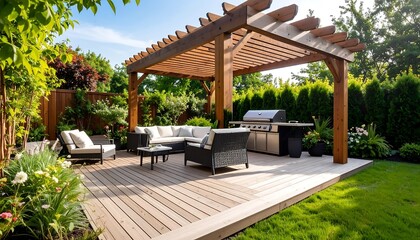 Outdoor patio area with pergola and grill