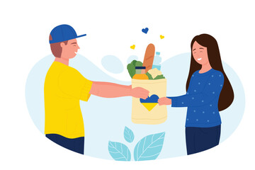 Volunteer giving paper bag with food and heart in yellow blue national colors of Ukrainian flag to woman. Charity support for citizens of Ukraine flat vector illustration. Donation, help concept