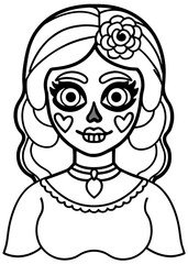 Halloween Sugar Skull Girl Coloring Page Vector Art with Intricate Floral Patterns for Day of the Dead Activities Generative AI