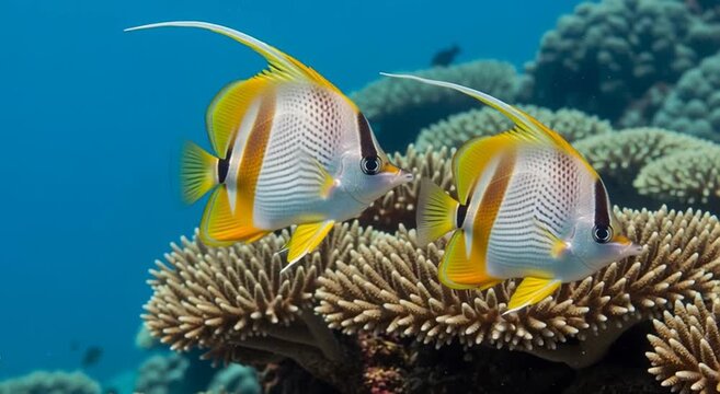 A pair of longfin bannerfish with yellow accents swimming together over a coral reef