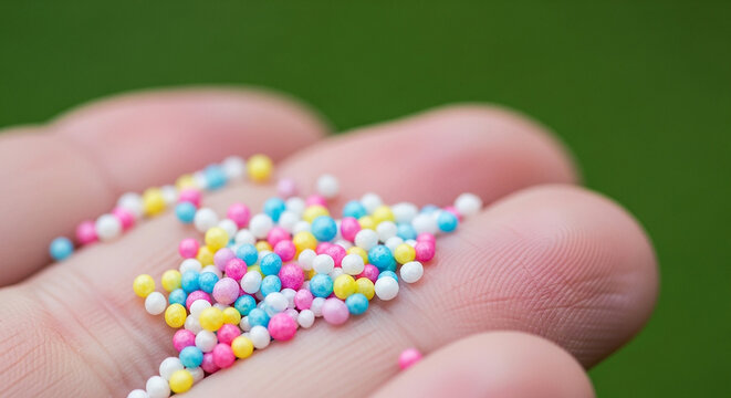 Colorful sprinkles rest on a hand, macro food photography