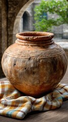 Rustic wooden mug and clay jug rest on checkered cloth, illuminated by soft natural light creating a calm and inviting atmosphere.