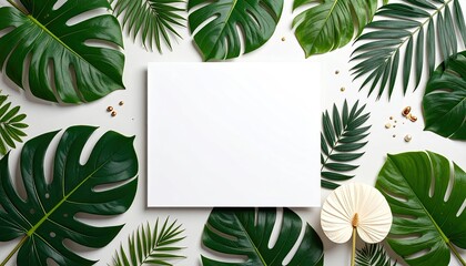 Blank paper surrounded by tropical leaves