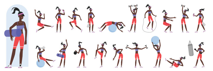 Cartoon active woman doing healthy aerobic exercises or pilates in gym, stretch training. African american black female active sport trainer poses set in front, side and back view vector illustration.