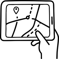 Fototapeta premium Logistics & Supply Chain Concept. Hand holding a tablet displaying a map with a location pin. Represents route optimization. Hand-drawn outline icon