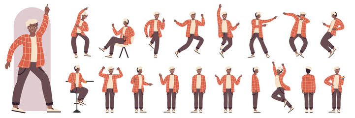 African american black boy on fun dance party in dynamic actions, side, front and back view set vector illustration. Cartoon excited young man posing, dancing to music, drinking wine in armchair