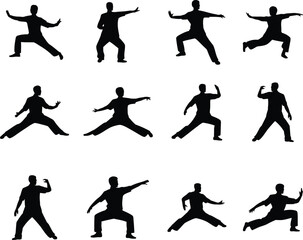 Obraz premium A set of black silhouettes illustrating various martial arts stances and movements. Twelve figures of a person practicing slow, deliberate forms for exercise, balance, and meditation. 