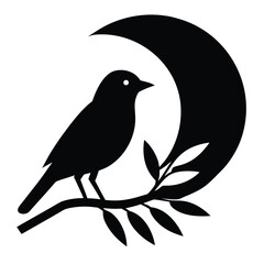 Black bird perched on branch with crescent moon silhouette