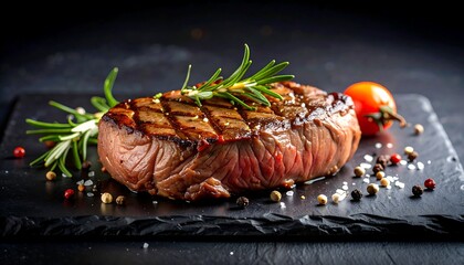 Grilled steak on dark stone plate