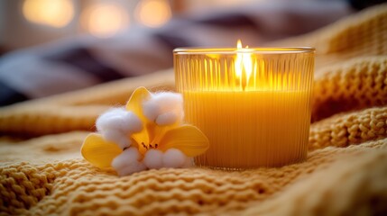 Warm candle on a knitted blanket