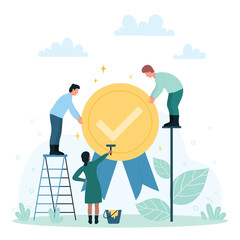 Certified quality standard for products and services vector illustration. Cartoon tiny characters holding badge certificate with tick checkmark, prize for winners. Certification, success concept