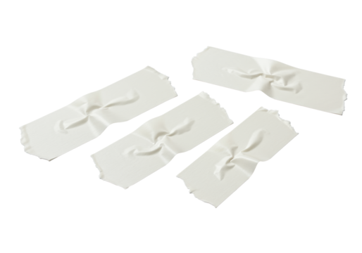 Three distinct white masking tape pieces with torn edges, creases, and wrinkles, horizontally aligned on a pristine transparent seamless background, ample copy space, bright even studio lighting, no