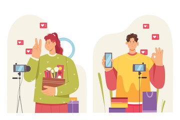Video shopping review and marketing content of blogs set vector illustration. Cartoon man and woman bloggers selling products, recording tutorials and unboxing parcels live stream. Influence concept