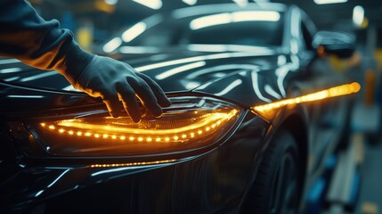 Worker inspects car headlight