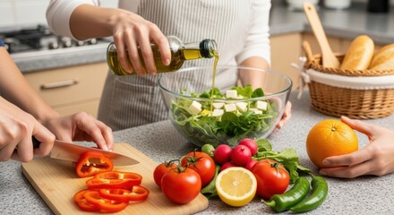 People prepare a fresh salad in a kitchen
