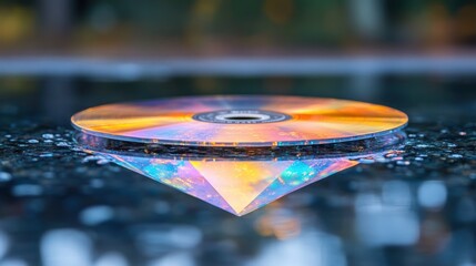 A CD rests on water, reflected in a vibrant prism