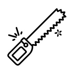 Saw with metal sparks for woodworking and cutting, minimalistic black line drawing