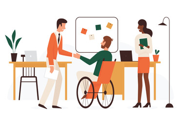 Entrepreneur greeting man with disability on job interview. Cartoon employer shaking hand of hired happy employee sitting in wheelchair flat vector illustration. Employment, vacancy, career concept