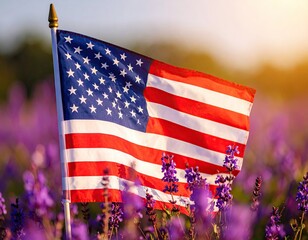 American flag waving in a lavender field at sunset