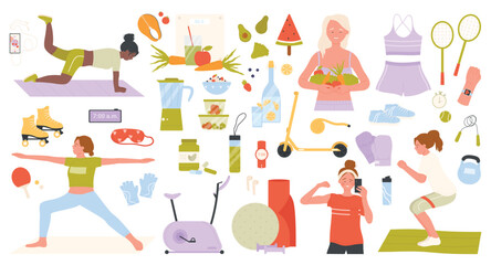 Healthy active lifestyle set vector illustration. Cartoon sport equipment, woman training in gym, products of detoxification food diet and supplements, daily workout exercises isolated on white