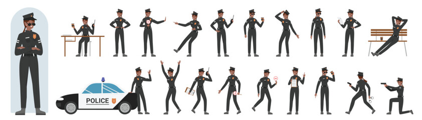 African american black female police officer character poses set vector illustration. Cartoon young woman uniform cap standing near car, holding pistol and walkie talkie, traffic ticket and coffee