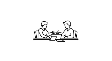 Two people seated at a table, signing a document during a meeting.