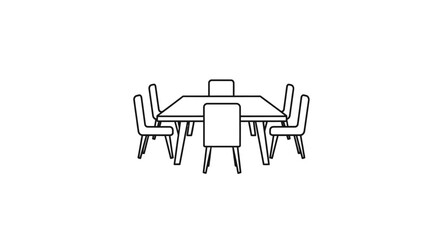 Simple line drawing of a dining table surrounded by chairs.