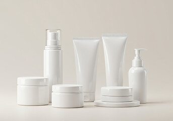 Blank white cosmetic skincare makeup containers. 3D Render 