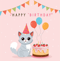 Cute Birthday Cat with Cake and Balloons – Flat Cartoon Vector Illustration